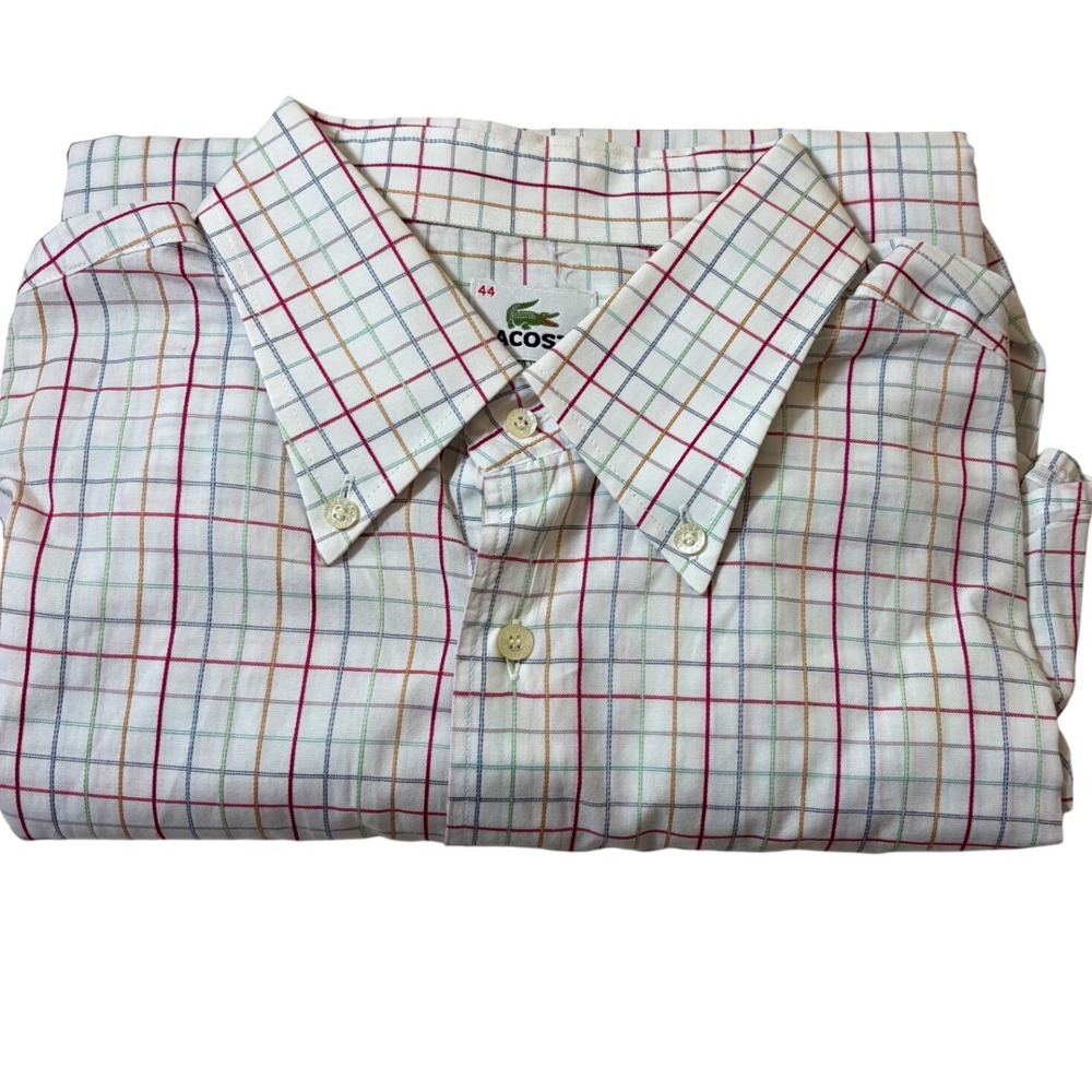 Lacoste Mens Multi Color Tattersall Check Button Down Shirt‎ White Size 44 XL